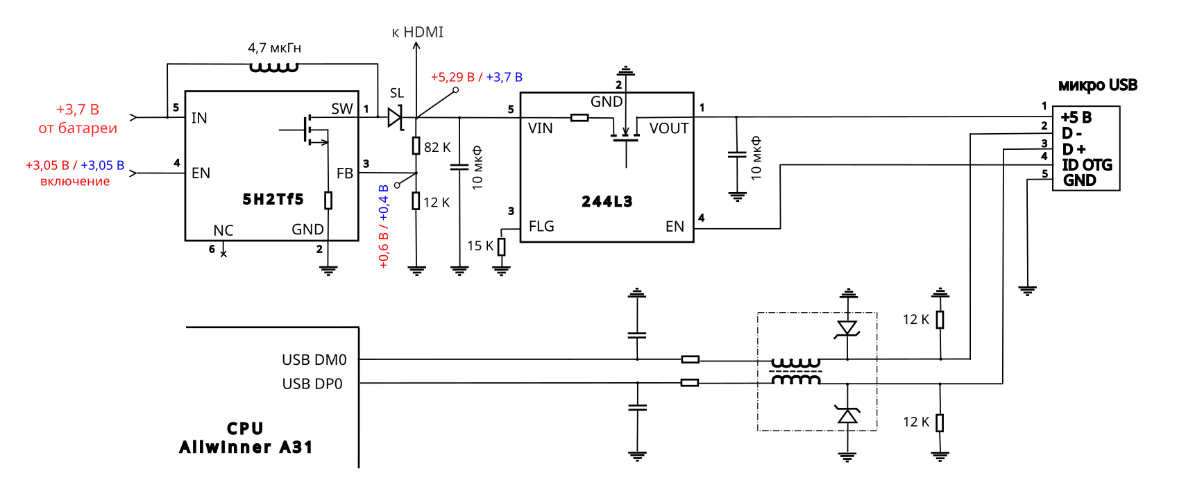 Фрагмент схемы: ШИМ-преобразователь напряжения и ключи USB