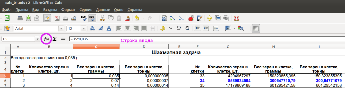 Строка ввода и соответствующая ей ячейка С5